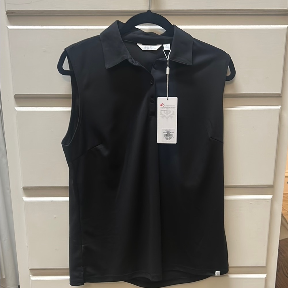 Lady Hagen Black Sleeveless Button Down Shirt with Notched Collar